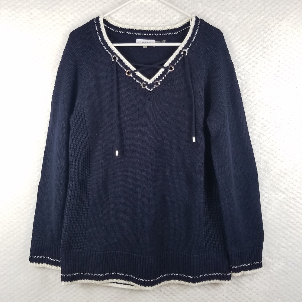 Calvin Klein Lace Up V-Neck Blue Pullover Sweater  Size Large